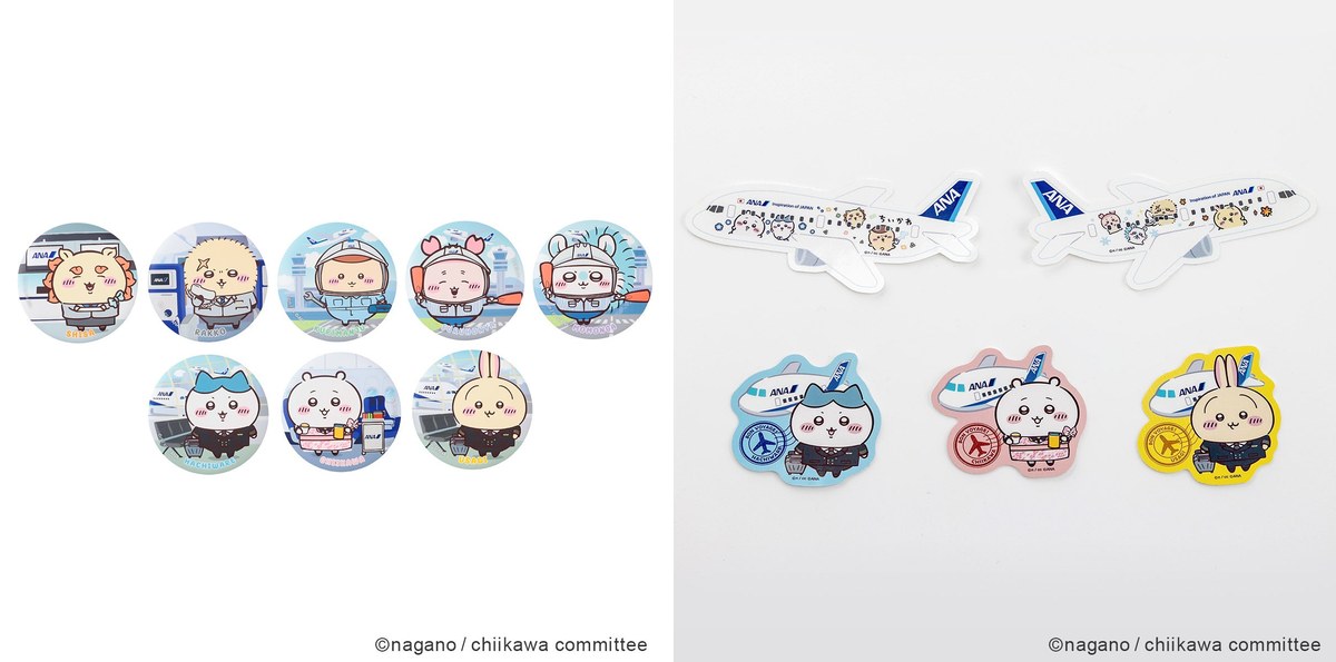 Chiikawa times ANA trading can badges and sticker set with jet shaped stickers