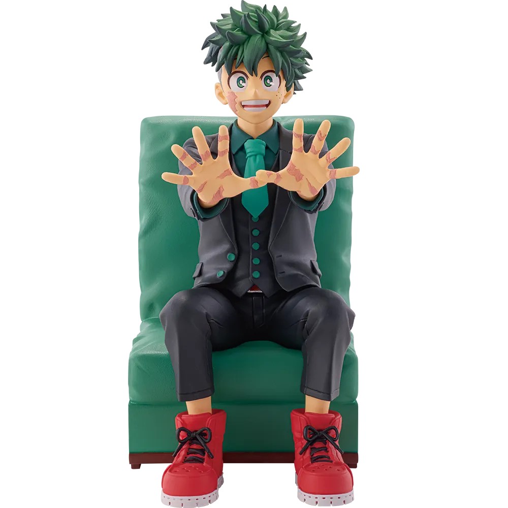My Hero Academia 10th Anniversary figure of Izuku Midoriya in a suit sitting on a green armchair