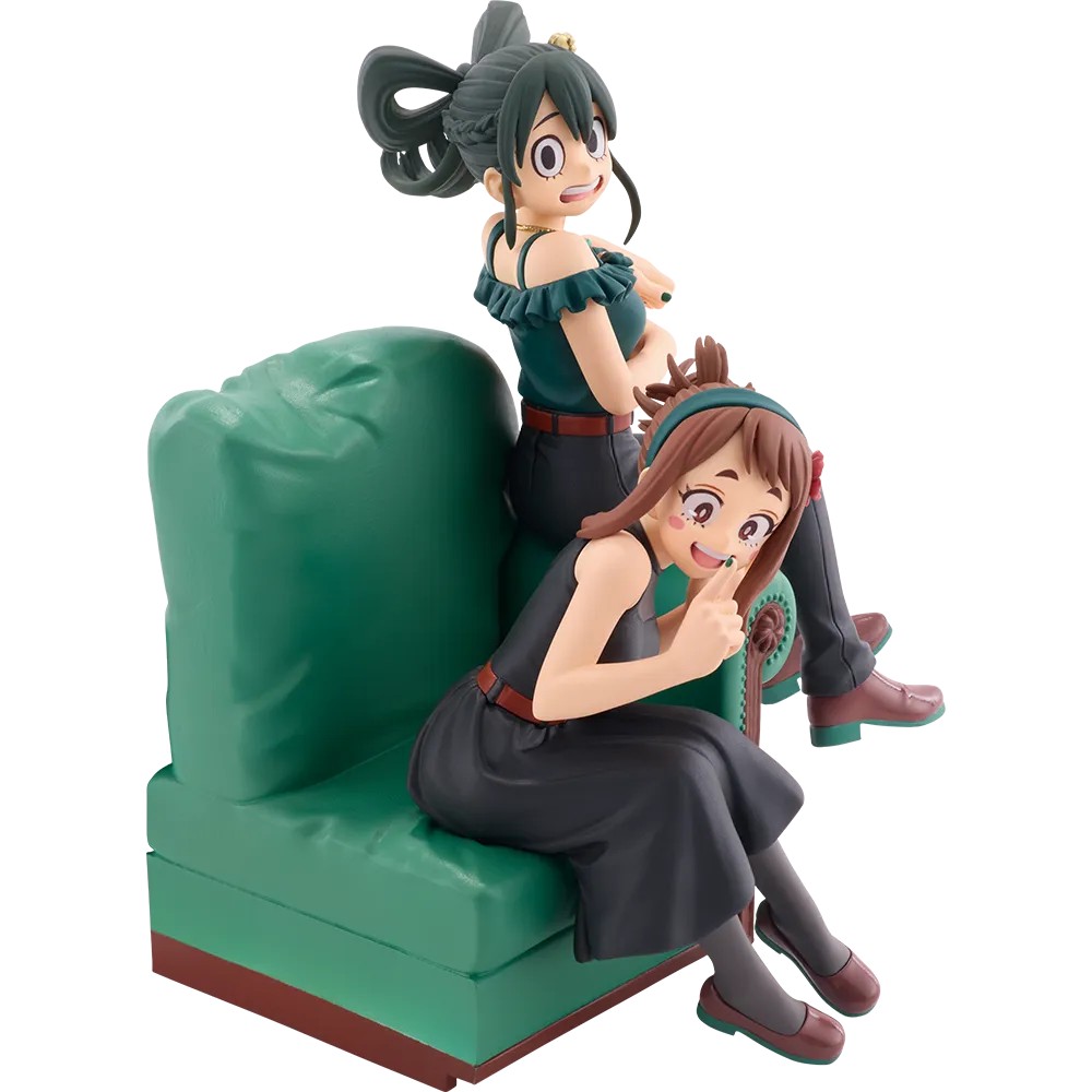 Ochaco Uraraka and Tsuyu Asui My Hero Academia 10th Anniversary figures together on a green sofa