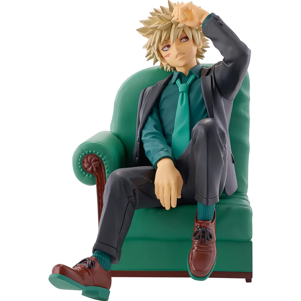 Katsuki Bakugo My Hero Academia 10th Anniversary figure lounging on a green armchair in a suit
