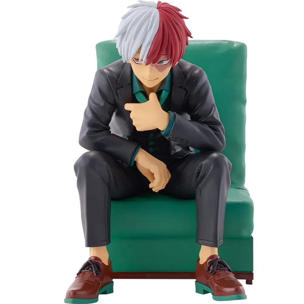 Shoto Todoroki My Hero Academia 10th Anniversary figure sitting on a green sofa in a suit