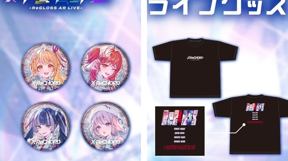 X-ReCHORD hologram can badges and black T-shirt front and back
