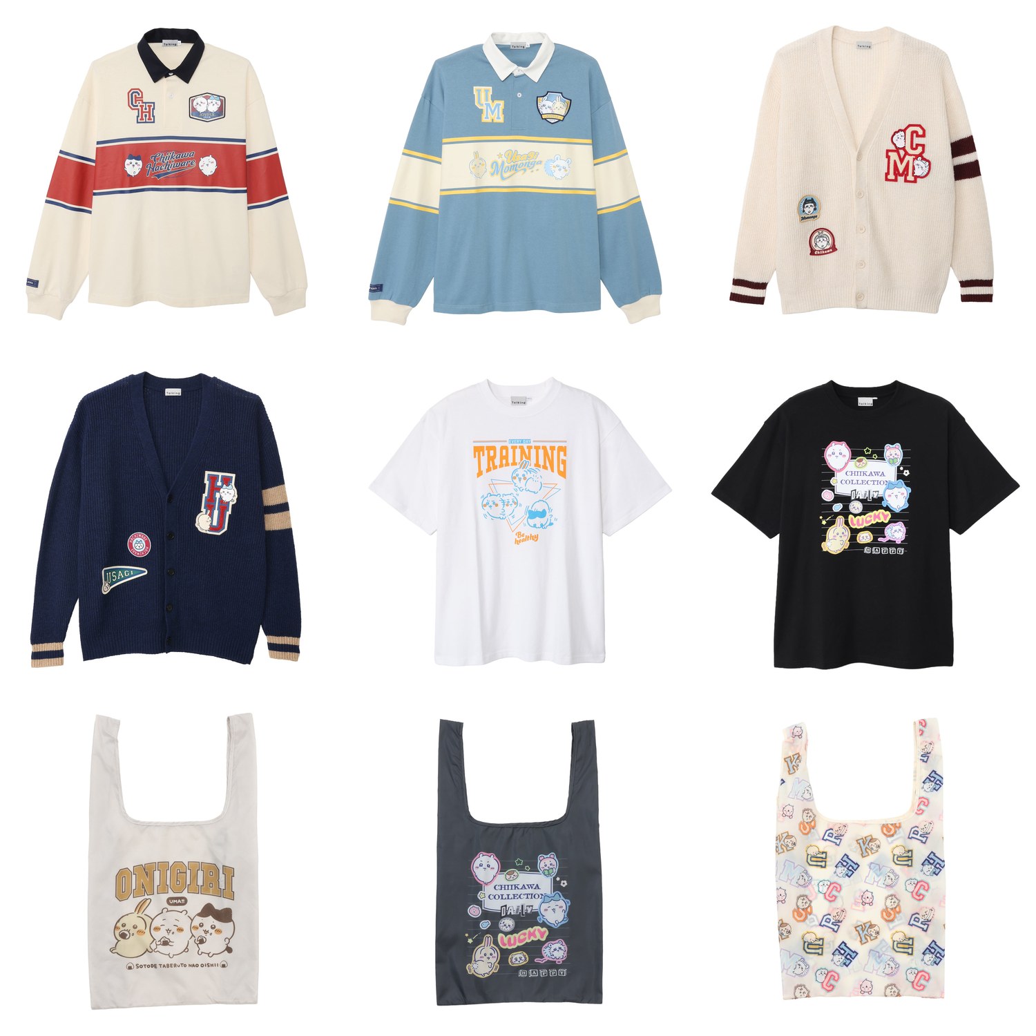 Chiikawa College collection line-up with rugby shirts knit cardigans T-shirts and eco bags