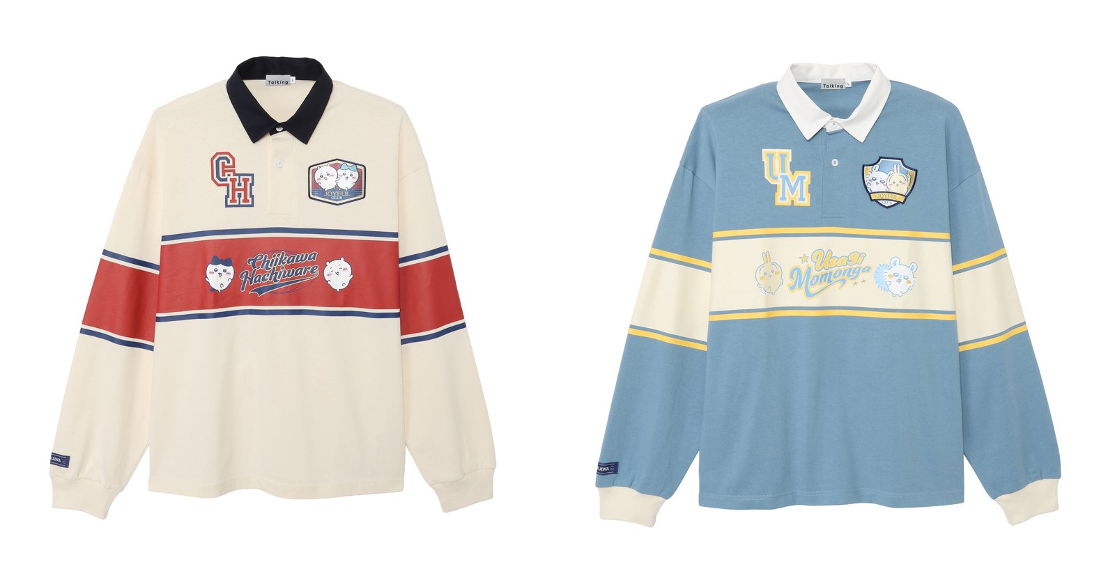 Chiikawa and Hachiware off-white rugby shirt and Usagi and Momonga saxe blue rugby shirt