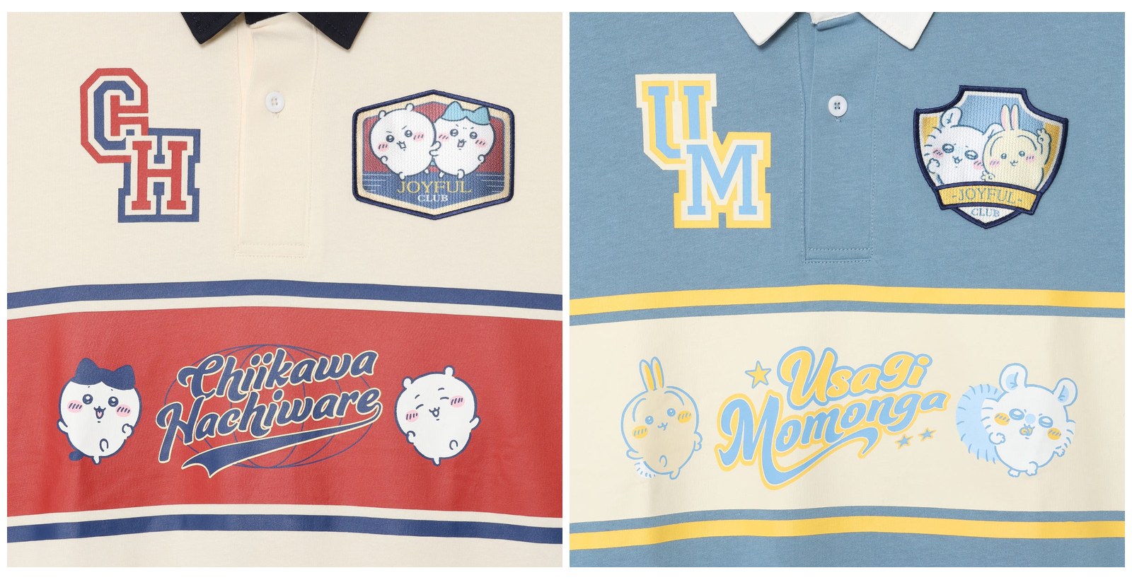 Close-up of Chiikawa College rugby shirt embroidered initials crest wappen and stripe lettering