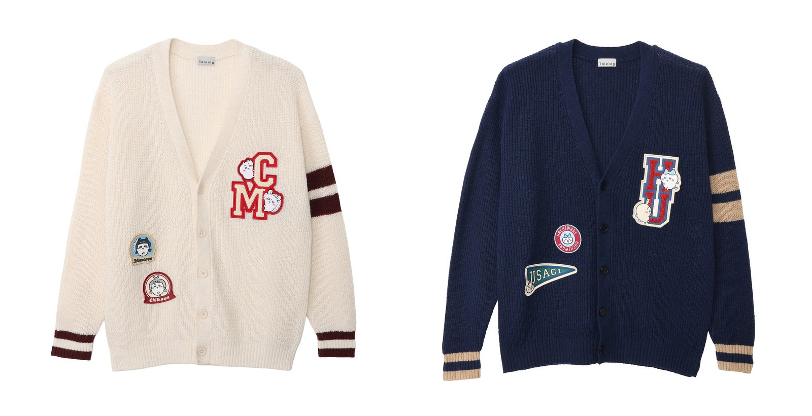 Chiikawa and Momonga natural knit cardigan and Hachiware and Usagi navy knit cardigan with embroidered initials