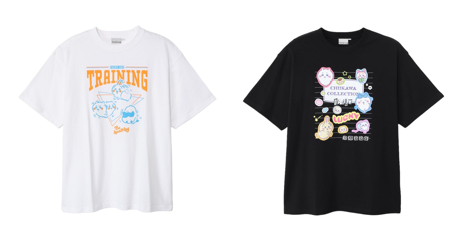 Chiikawa College white TRAINING T-shirt and black college notebook T-shirt