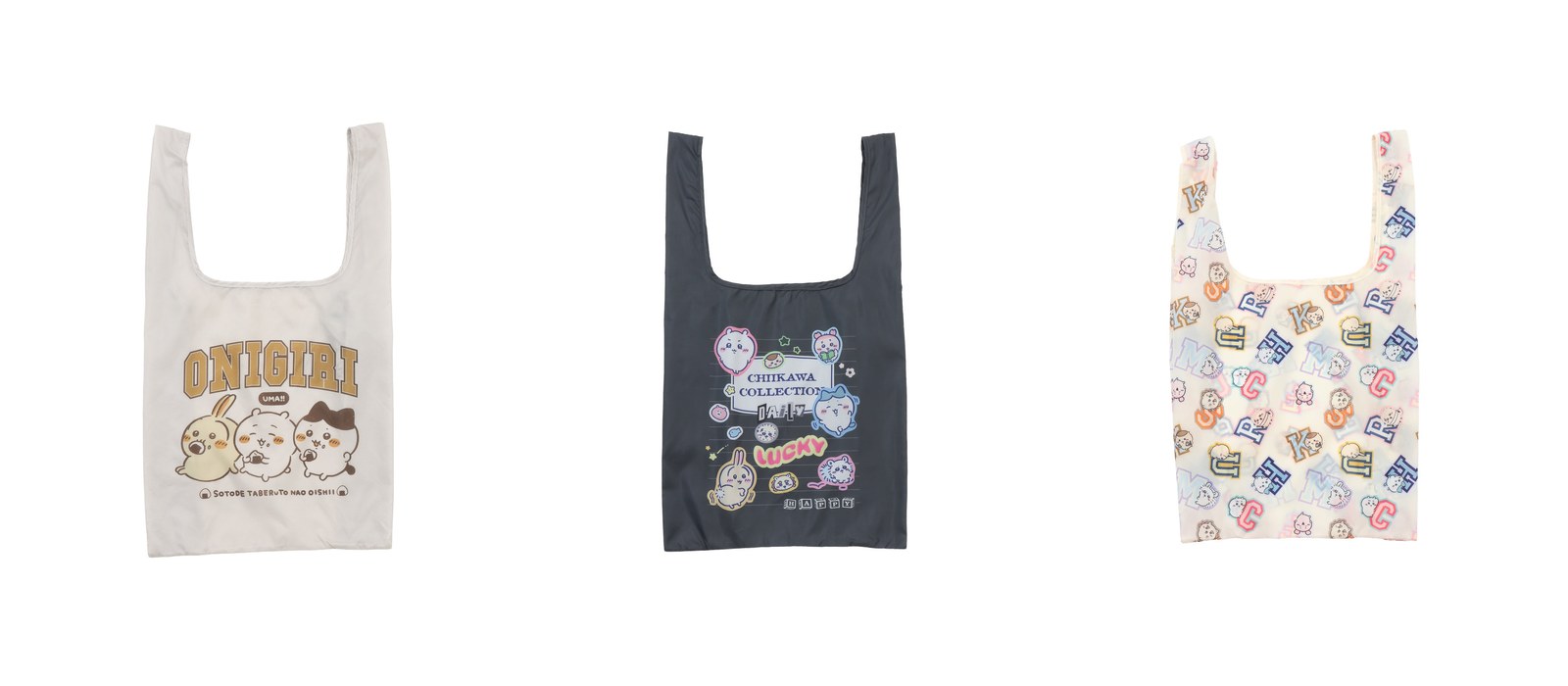 Chiikawa College ripstop eco bags in beige black and natural initial designs
