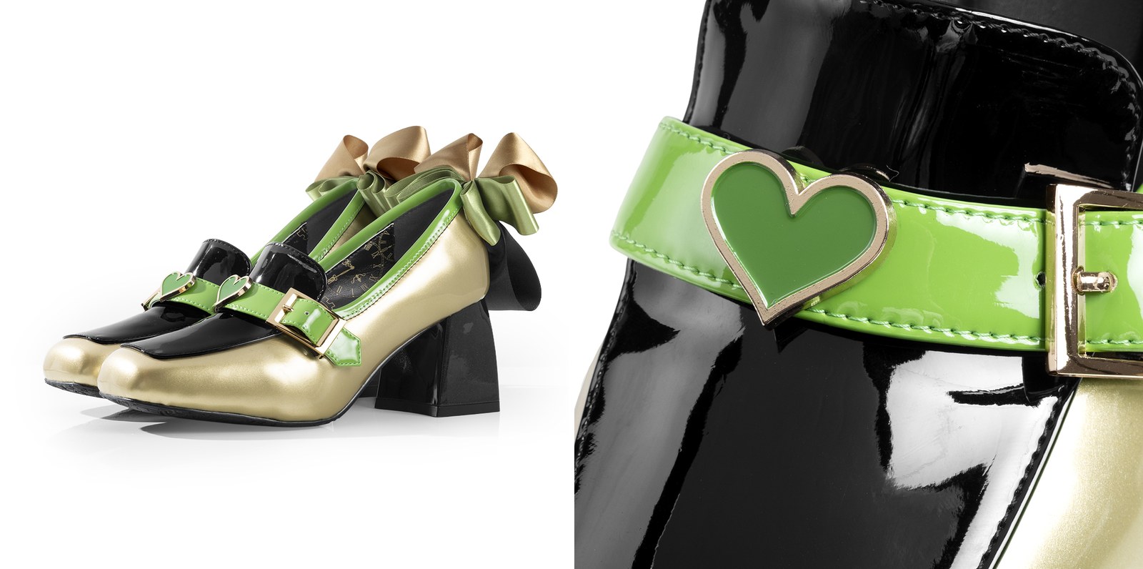 JoJo Stardust Crusaders x MAYLA DIO pumps in gold and green with green heart metal part