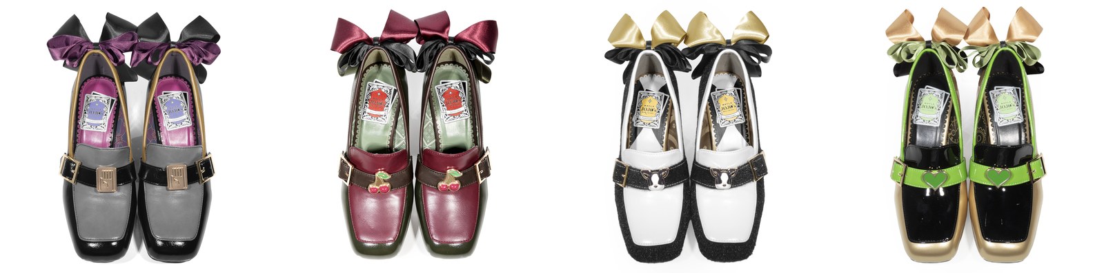 Top view of JoJo x MAYLA Jotaro Kakyoin Iggy and DIO pumps showing printed insoles and ribbons