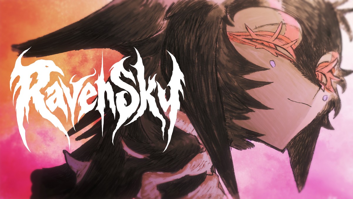 Ado Raven Sky music video visual showing a dark-winged character against a pink sky with the Raven Sky logo