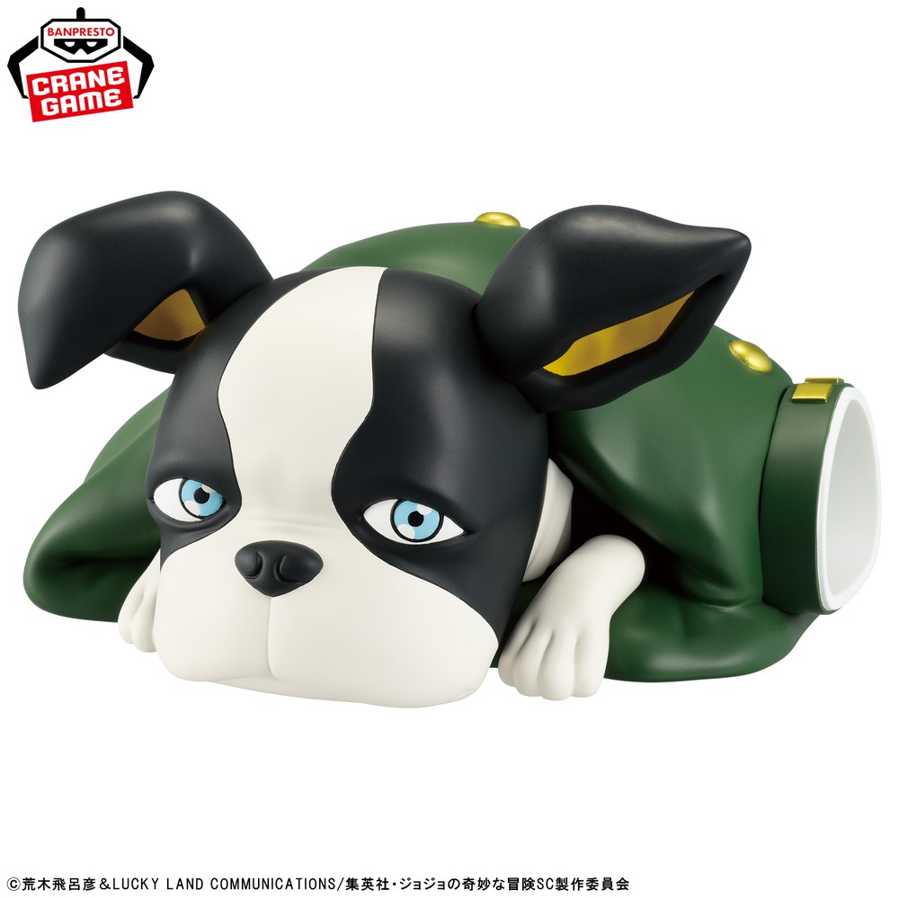 Banpresto SOFVIMATES Iggy soft vinyl figure lying on Kakyoin's green school uniform jacket from JoJo's Bizarre Adventure Stardust Crusaders