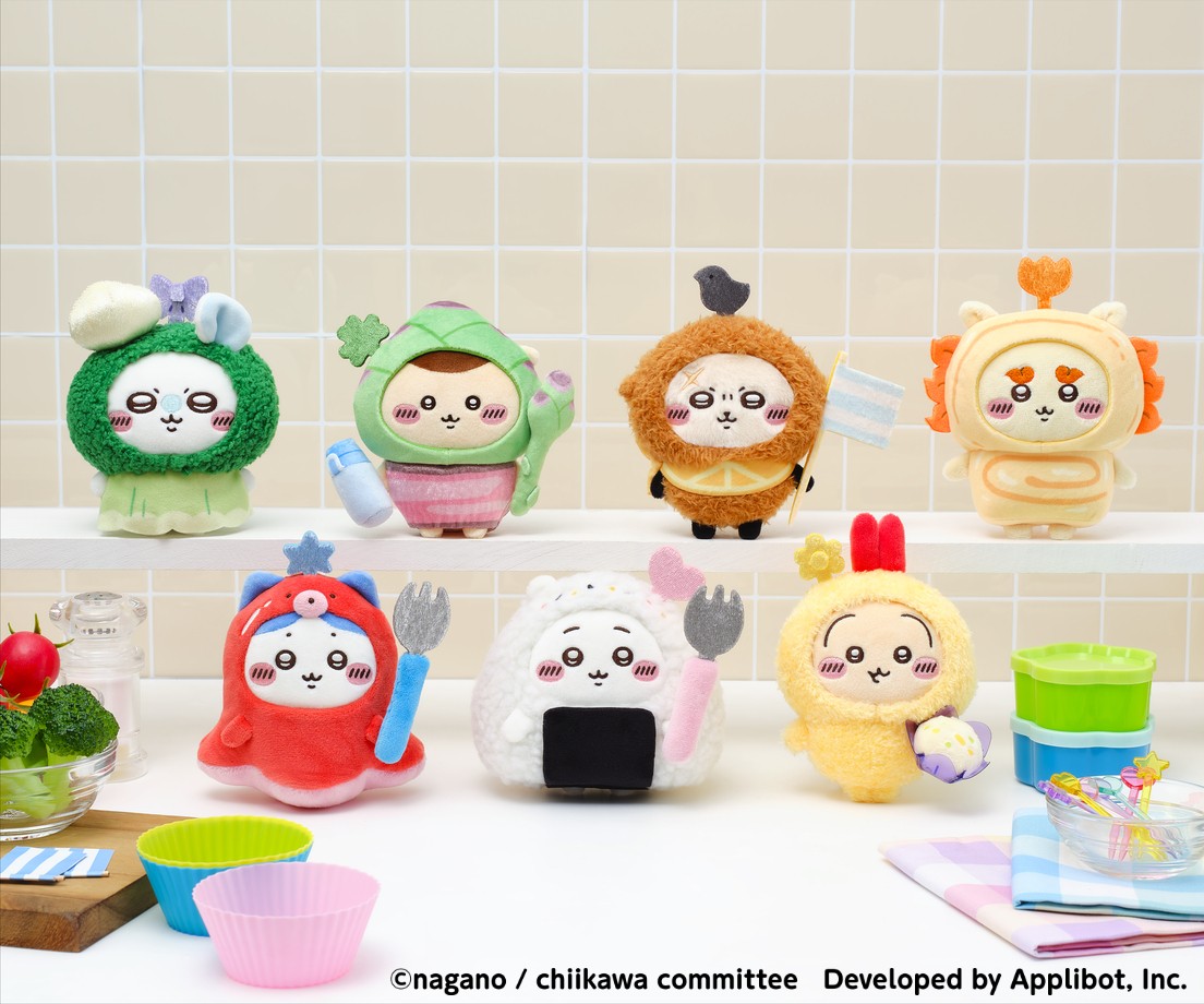 Seven Chiikawa Pocket bento mascots including Chiikawa as a rice ball, Hachiware as an octopus sausage and Usagi as a fried prawn on a kitchen shelf