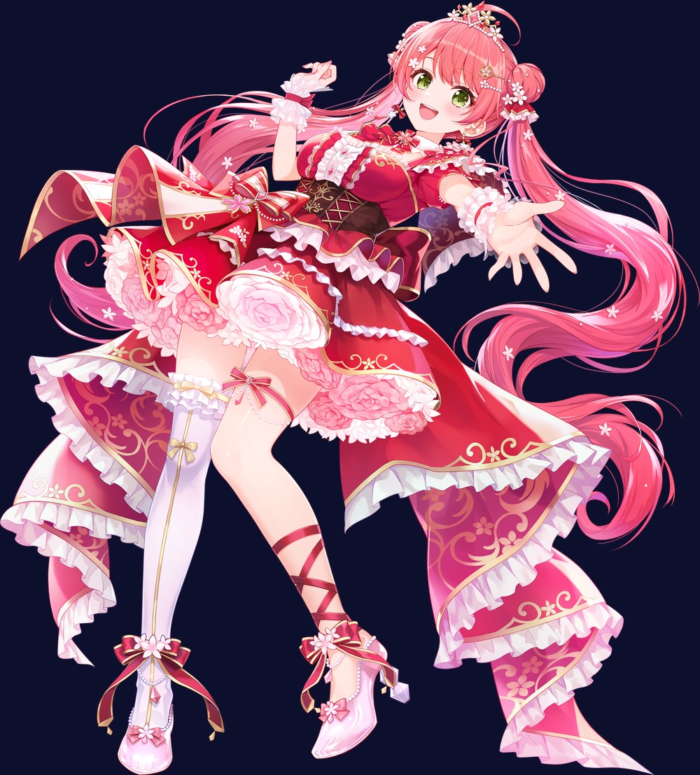 Official key visual art of Sakura Miko in a red and white Cinderella-style dress reaching out with one hand, shown on a dark navy background