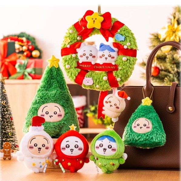 Chiikawa Christmas 2026 goods with the wreath plush, Tree Usagi plush and festive mascots