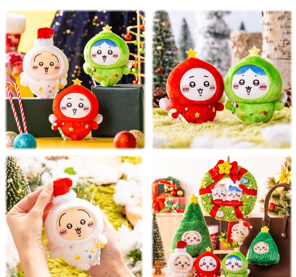 Chiikawa, Hachiware and Usagi Christmas outfit mascots in red, green and white