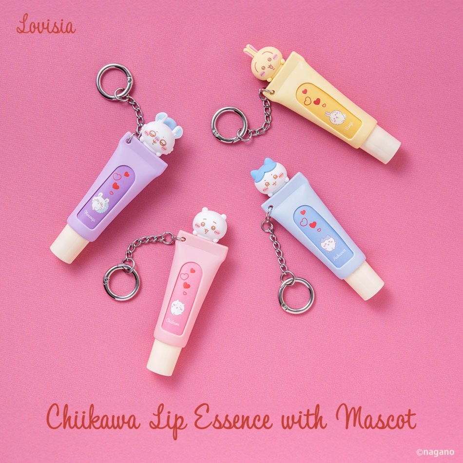 Chiikawa Lovisia Mascot Lip Essence tubes with ring chains and character covers