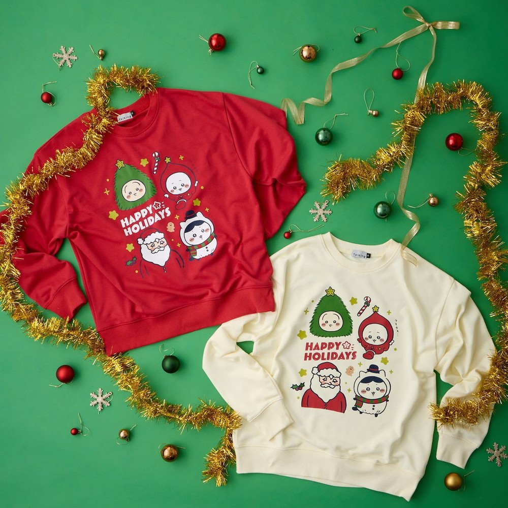 Chiikawa HAPPY HOLIDAYS sweatshirts in red and off-white with Chiikawa, Hachiware and Usagi in Christmas outfits