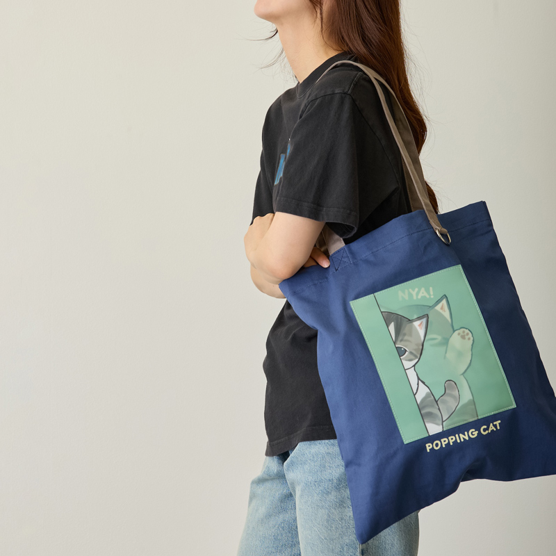 [Pre-order] mofusand Lenticular Tote Bag POPPING CAT (Navy)