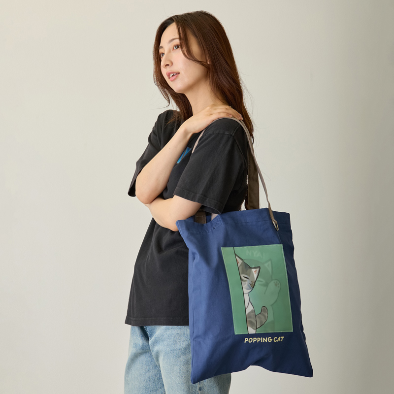 [Pre-order] mofusand Lenticular Tote Bag POPPING CAT (Navy)
