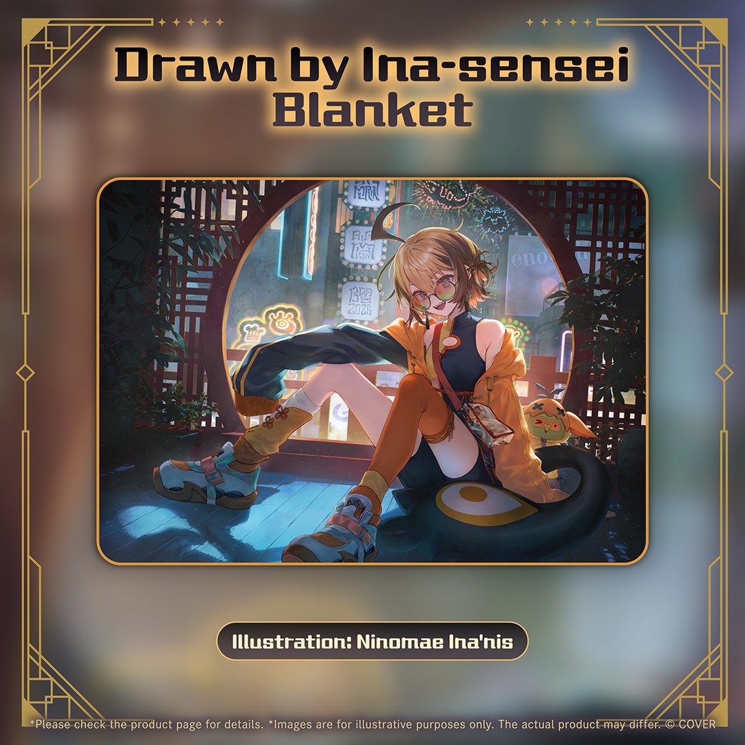 Gigi Murin birthday blanket illustrated by Ninomae Ina'nis showing Gigi in an orange jacket and round glasses beside a round window