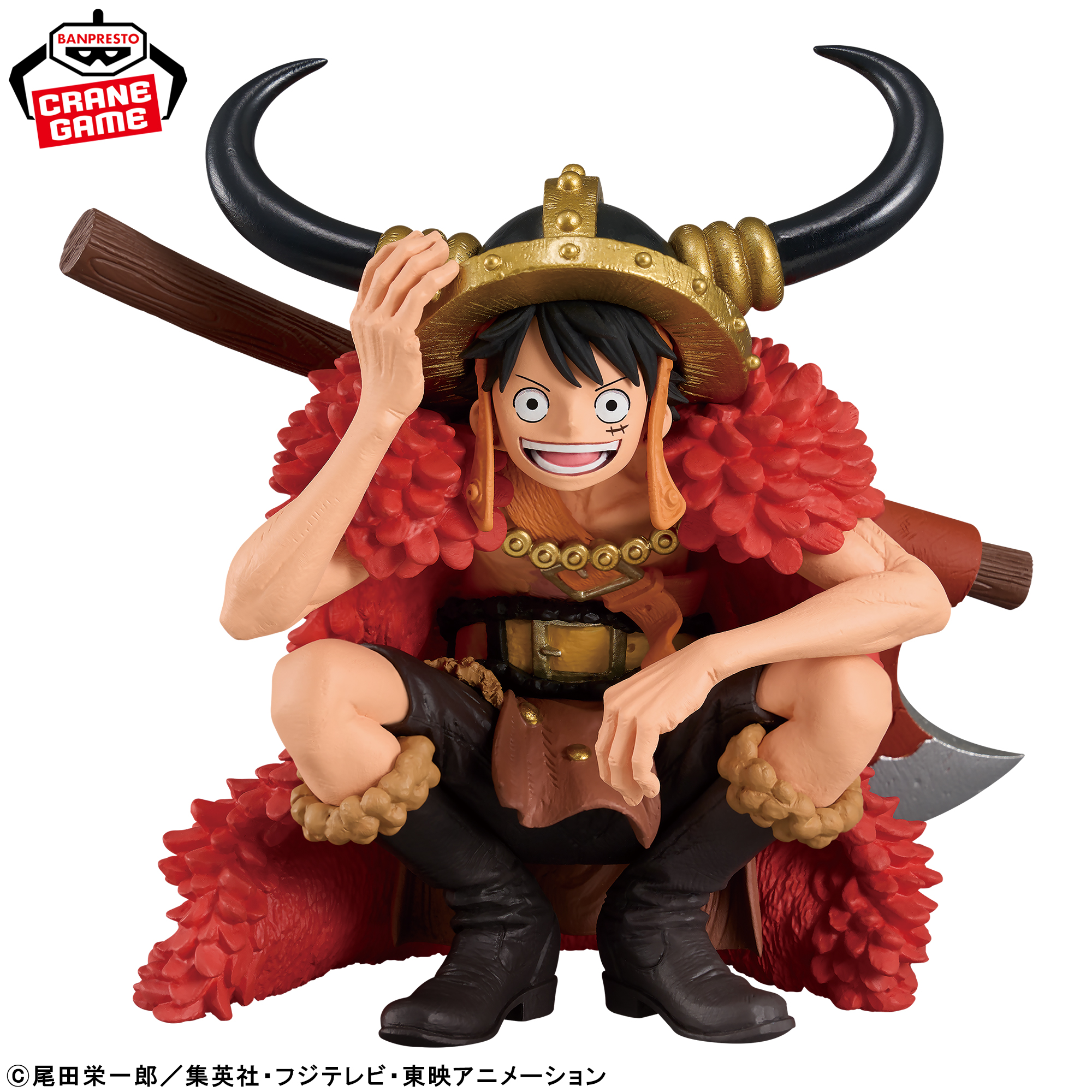 Front view of the King of Artist Luffy Elbaf figure with horned helmet and red fur cape