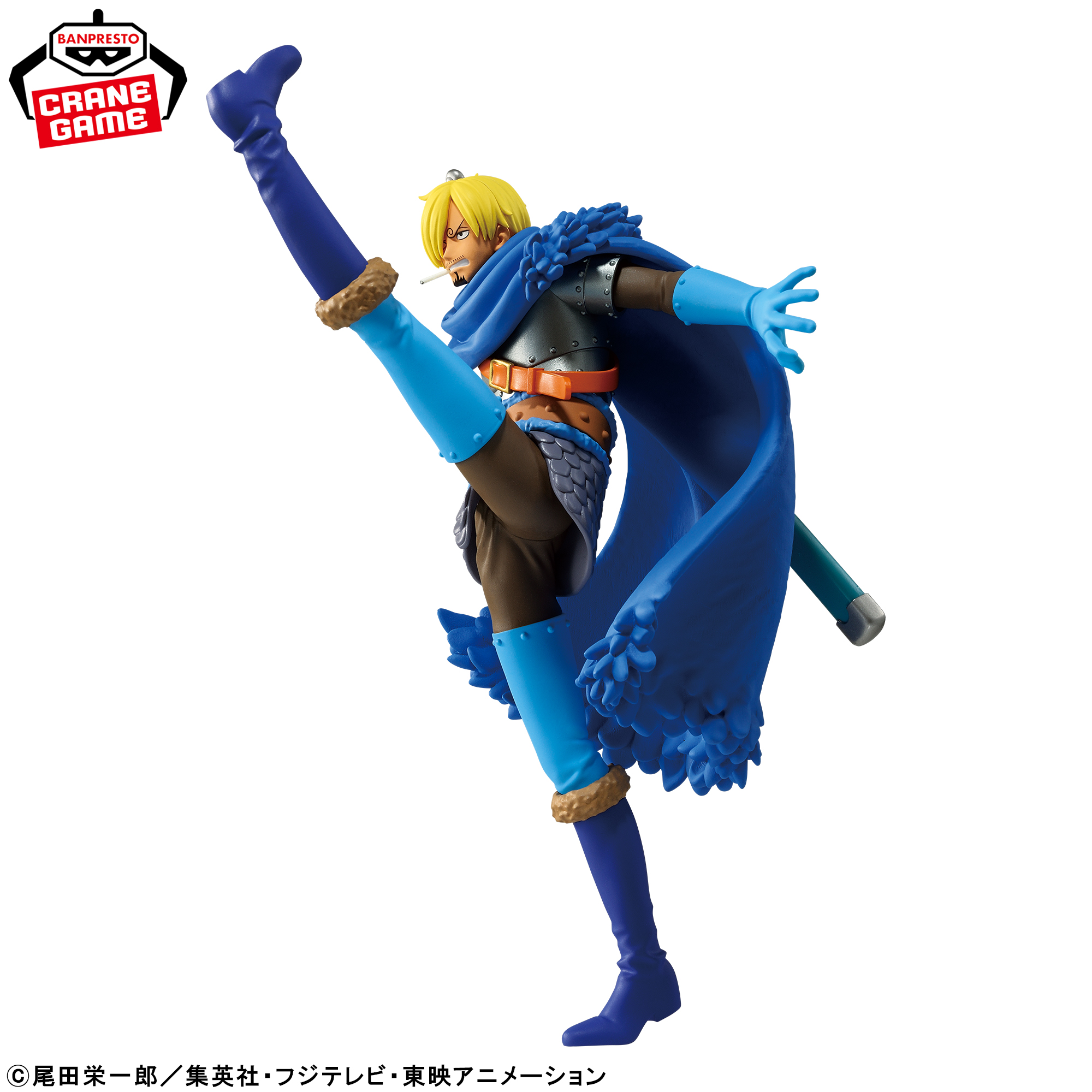 Side view of the Sanji III prize figure performing a high kick with his blue cape flowing behind him