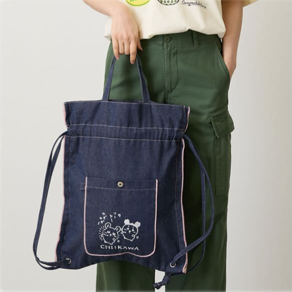 [Pre-order] "Chiikawa" Chiikawa Denim drawstring bag - Dance (Momonga & Furuhonya)