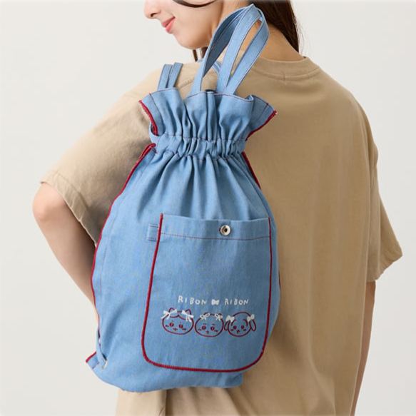 [Pre-order] "Chiikawa" Chiikawa Denim drawstring bag - Ribbon (Chiikawa, Hachiware & Usagi)