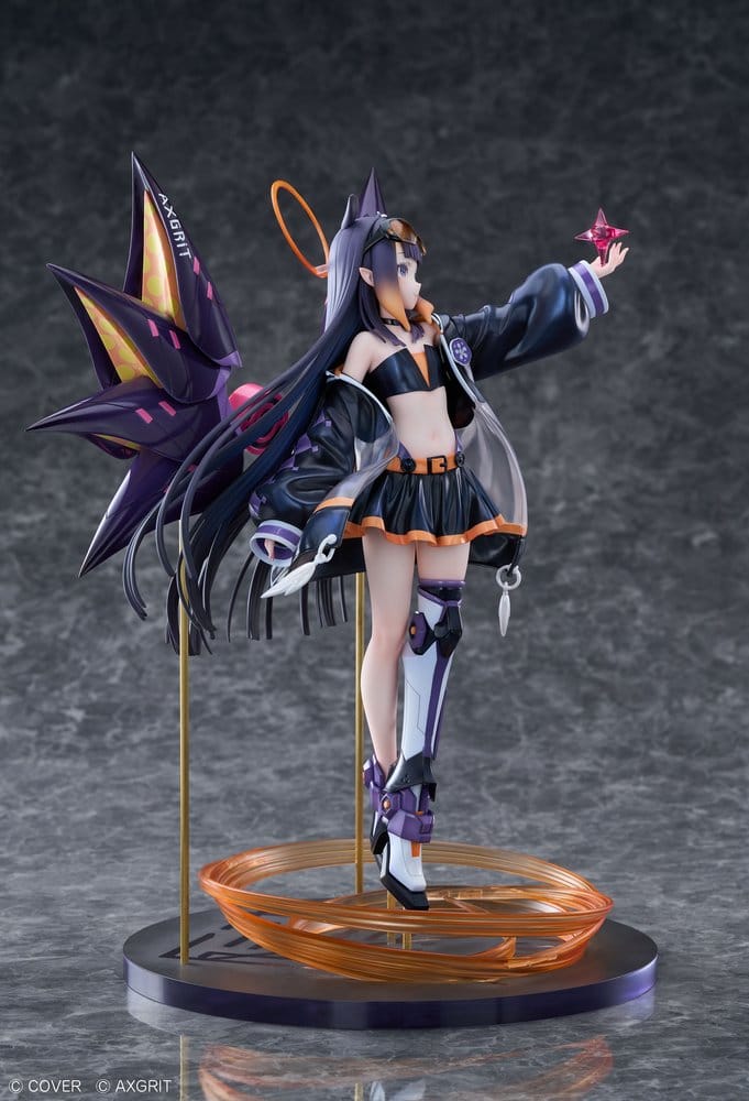 Side view of Ninomae Ina'nis AXGRIT Ver. reaching forward with the red star, her long hair and purple unit trailing behind her on gold support posts