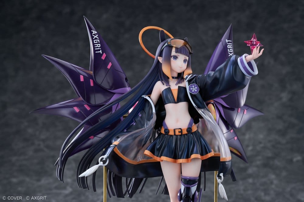 Close-up of Ninomae Ina'nis AXGRIT Ver. smiling softly with her left hand raised to hold a red star, wearing an orange halo, goggles and a translucent black jacket