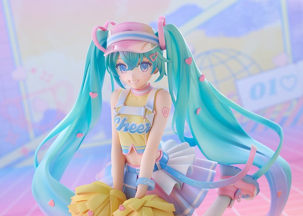 Hatsune Miku Cheerleading Ver. figure close-up with pom-poms and pastel background