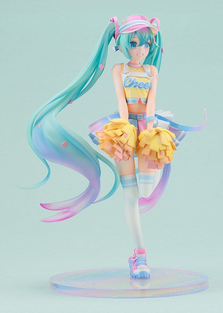 Side view of Hatsune Miku Cheerleading Ver. figure with raised leg striped socks and pink trainers