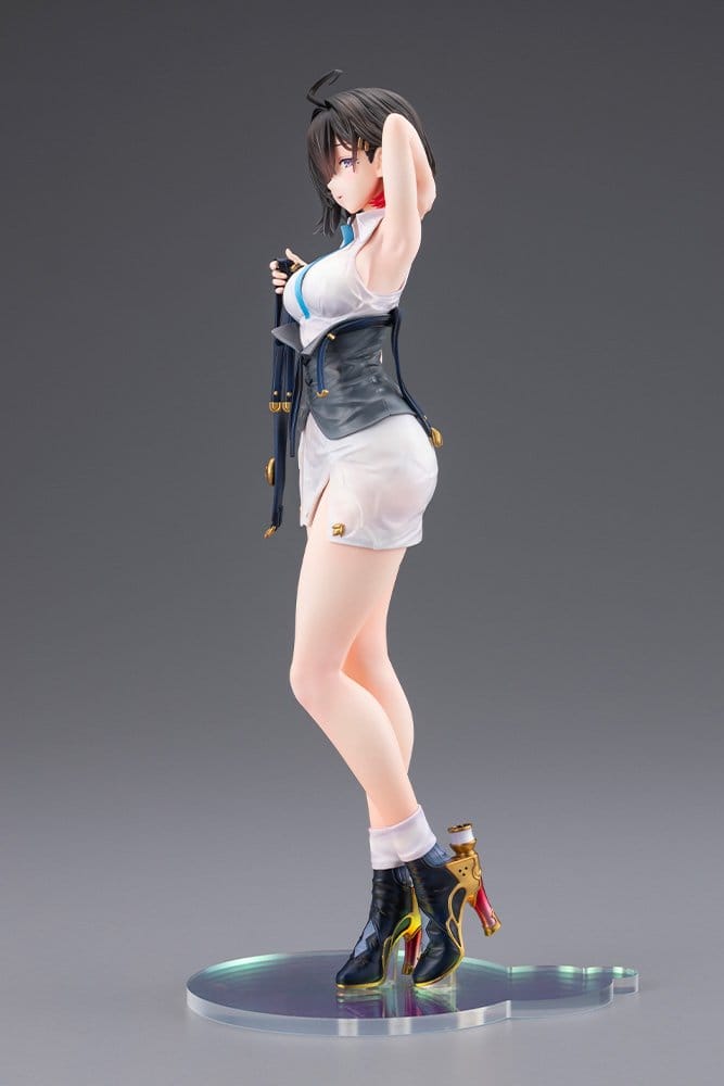 Side view of the Yumia Sun Shower Ver. figure showing her pose, white skirt and boots on the iridescent base