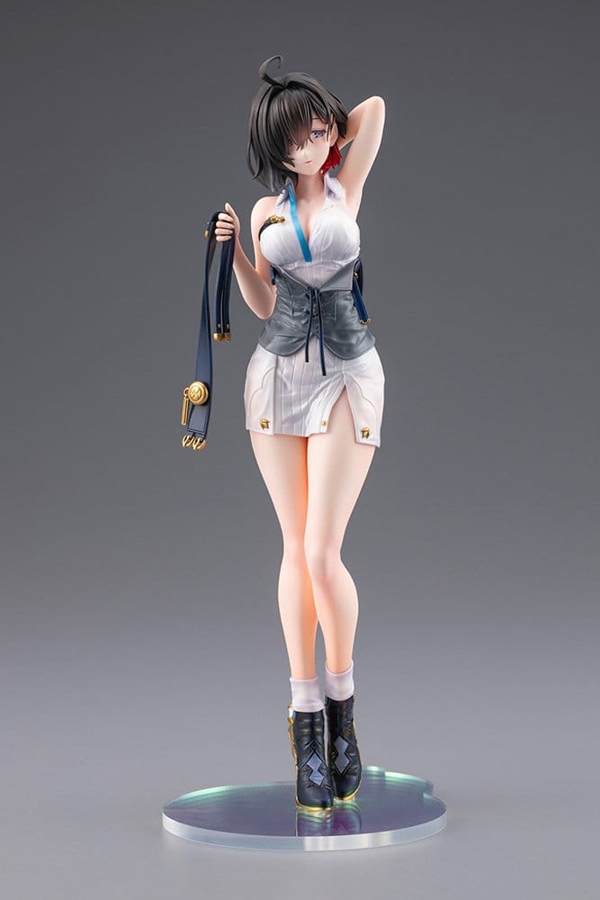 Front view of the Yumia Sun Shower Ver. figure holding her belt in one hand with her white outfit and grey corset