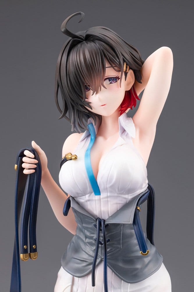 Upper-body close-up of the Yumia figure with damp dark hair, a shy expression and a blue ribbon at her collar