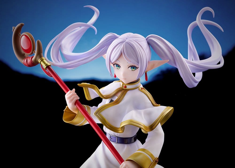 Close-up of the Frieren figure's calm face with green eyes, pointed elf ears and red drop earrings, her silver twin tails sweeping behind her against a night sky