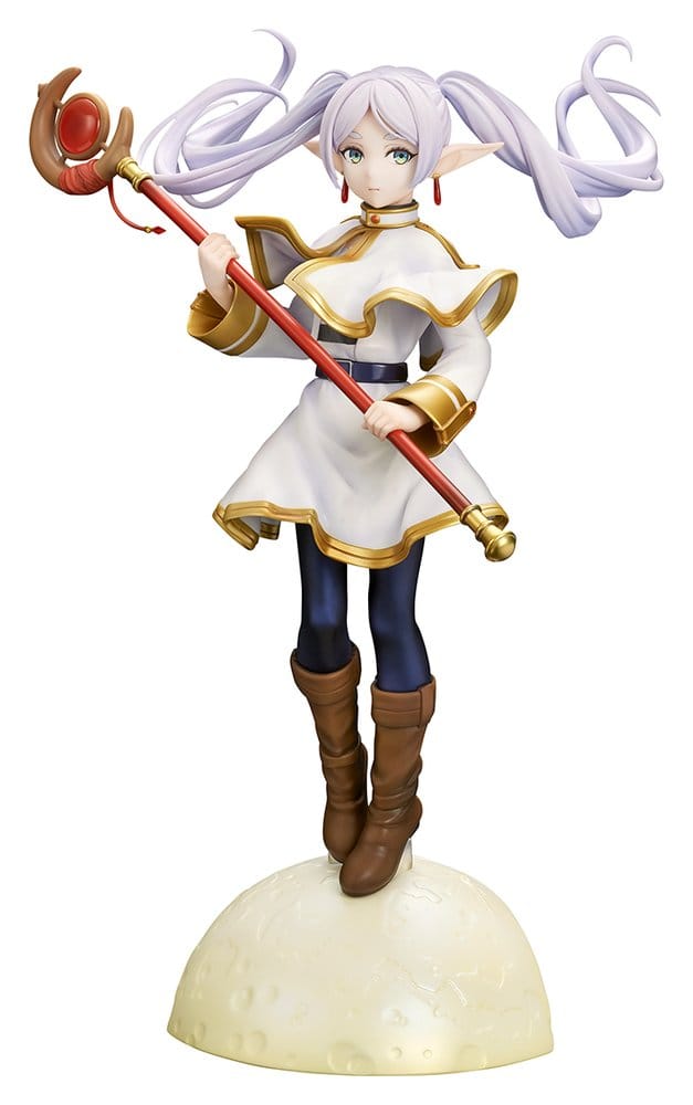 Frieren vs Aura 1/7 figure on a white background, hovering above a pale cratered moon-surface base with her red and gold staff held across her body and her long twin tails flying upwards