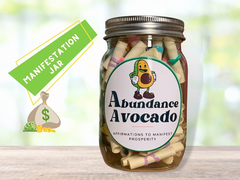 Motivational Jar with Affirmation cards and Positive Quotes to Inspire and Empower, Self Care, Improve Mental Health, Manifest, Mindfulness Abundance Avocado