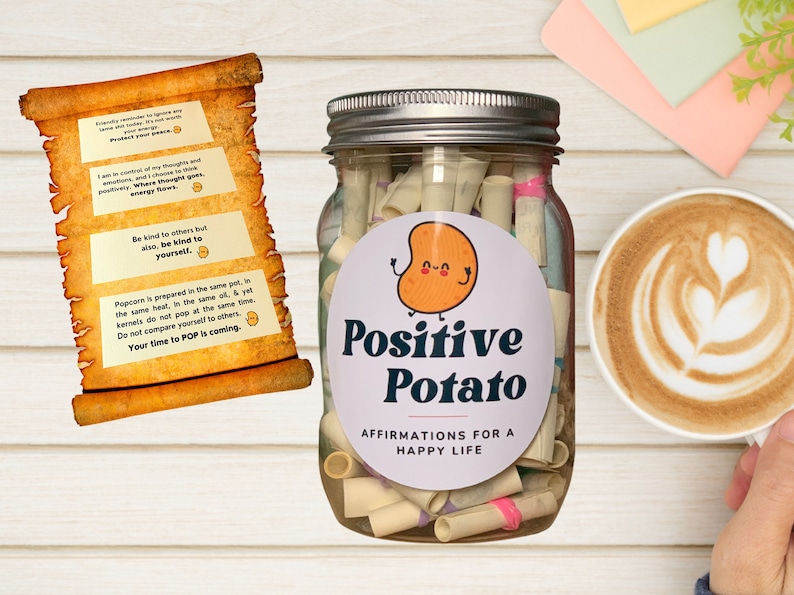 Motivational Jar with Affirmation cards and Positive Quotes to Inspire and Empower, Self Care, Improve Mental Health, Manifest, Mindfulness Positive Potato