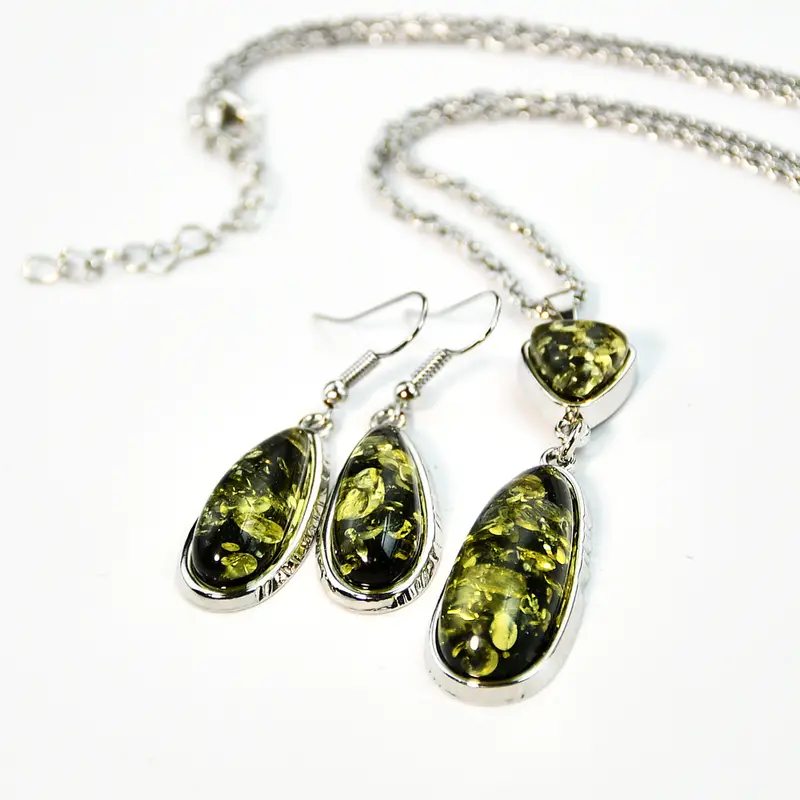 3pcs Earrings Plus Necklace Boho Style Jewelry Set Inlaid Teardrop Shape Amberoid Match Daily Outfits Noble Party Accessories