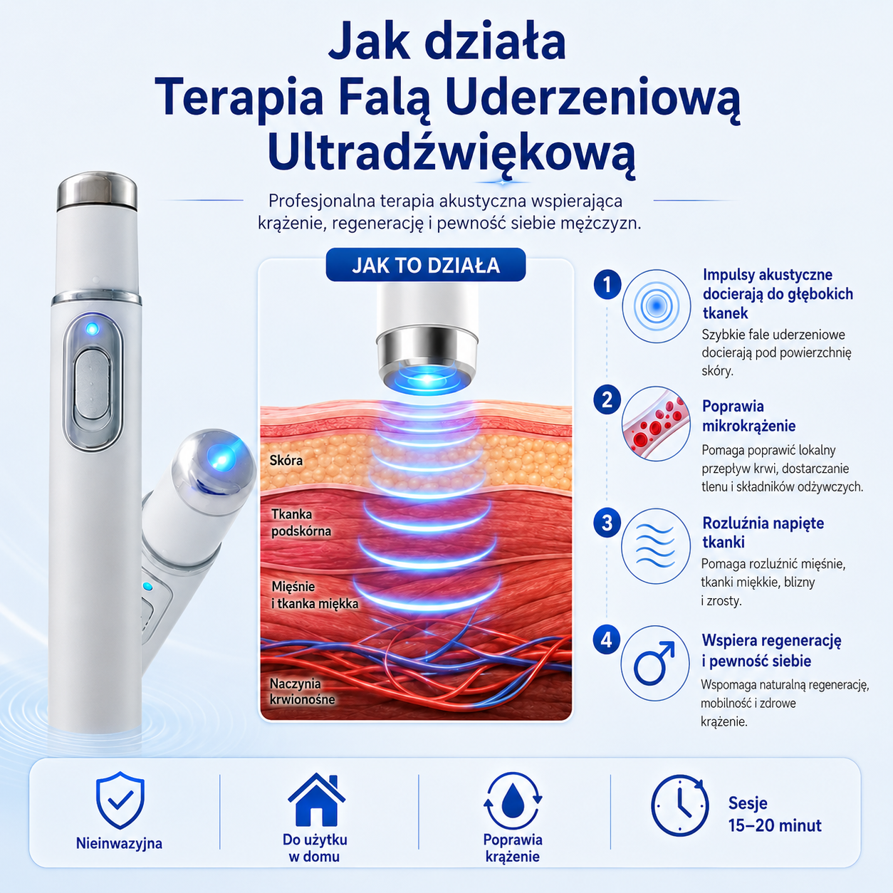 Zaawansowana terapia🔥 akustyczną falą uderzeniową przywraca zdrowie tkanek prącia,🔥 zwiększa twardość erekcji, wytrzymałość i pewność siebie mężczyzn, a także łagodzi bóle mięśni, sztywność stawów i dolegliwości bólowe ścięgien.