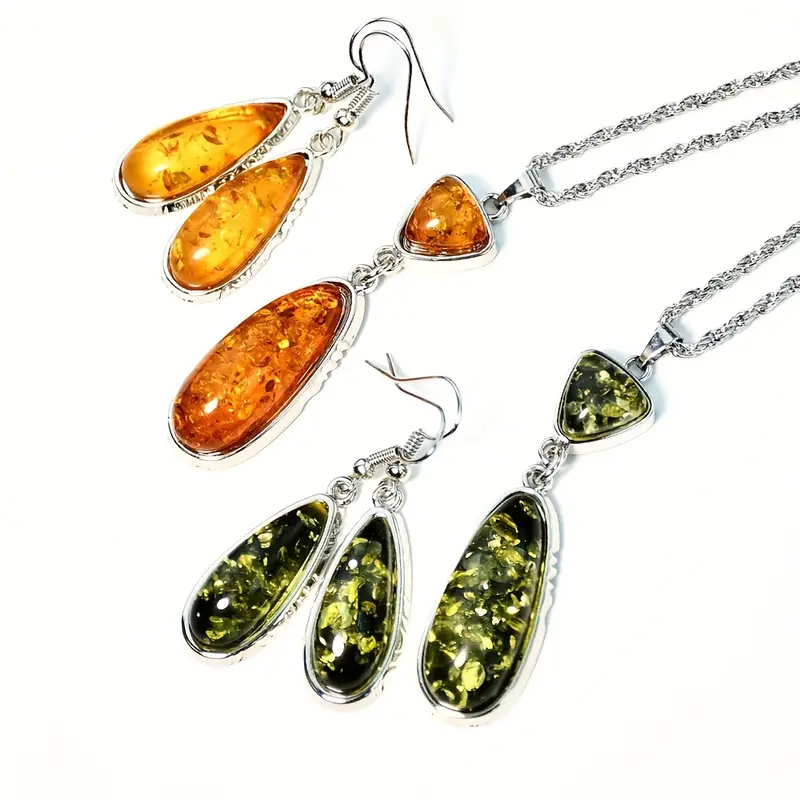 3pcs Earrings Plus Necklace Boho Style Jewelry Set Inlaid Teardrop Shape Amberoid Match Daily Outfits Noble Party Accessories