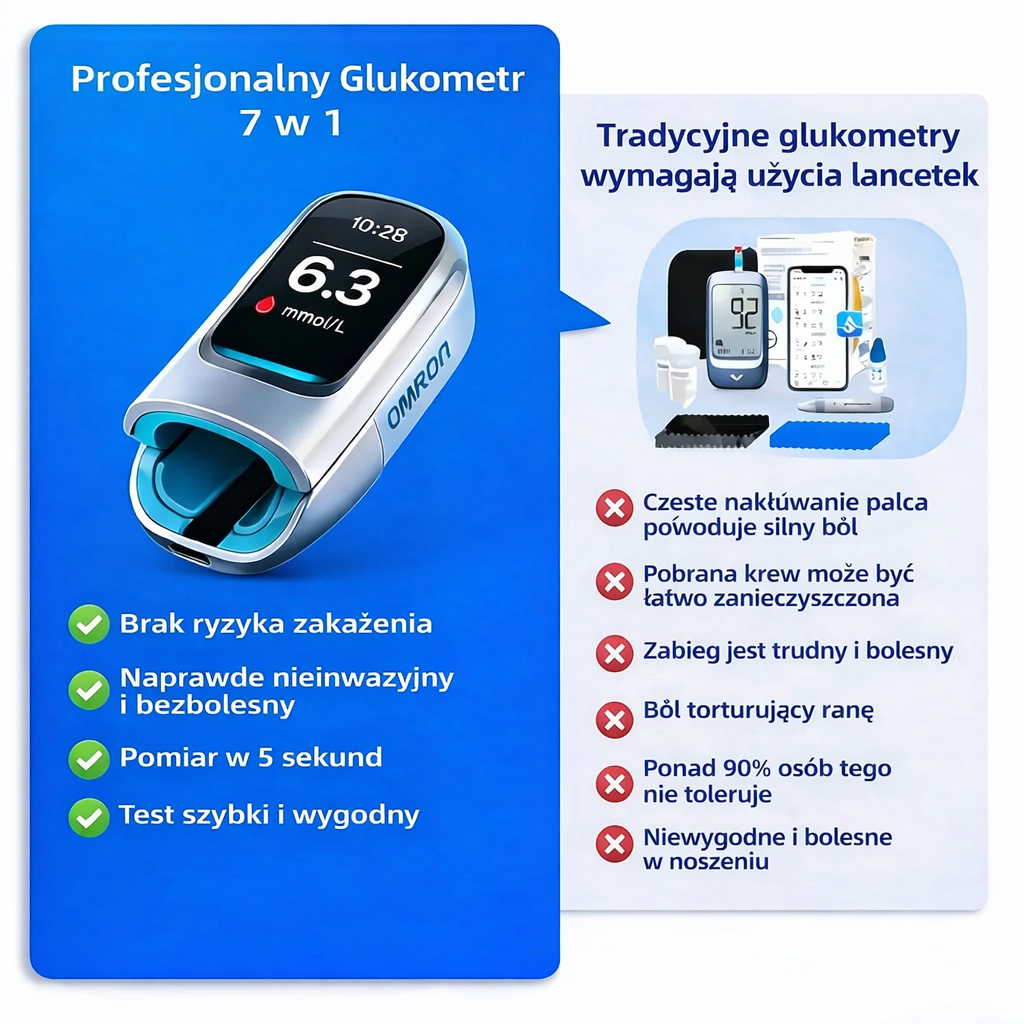 🔥 Koniec z igłami i bólem! | Nieinwazyjny glukometr Omron™ – łatwy i dokładny pomiar poziomu cukru we krwi, gdziekolwiek jesteś 🔥