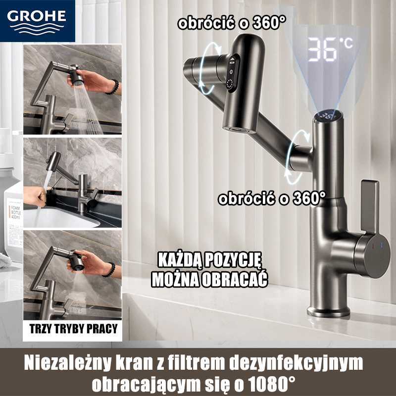  Wielofunkcyjny kran Grohe, sterylna filtracja, obrót o 1080° we wszystkich kierunkach, przełączanie