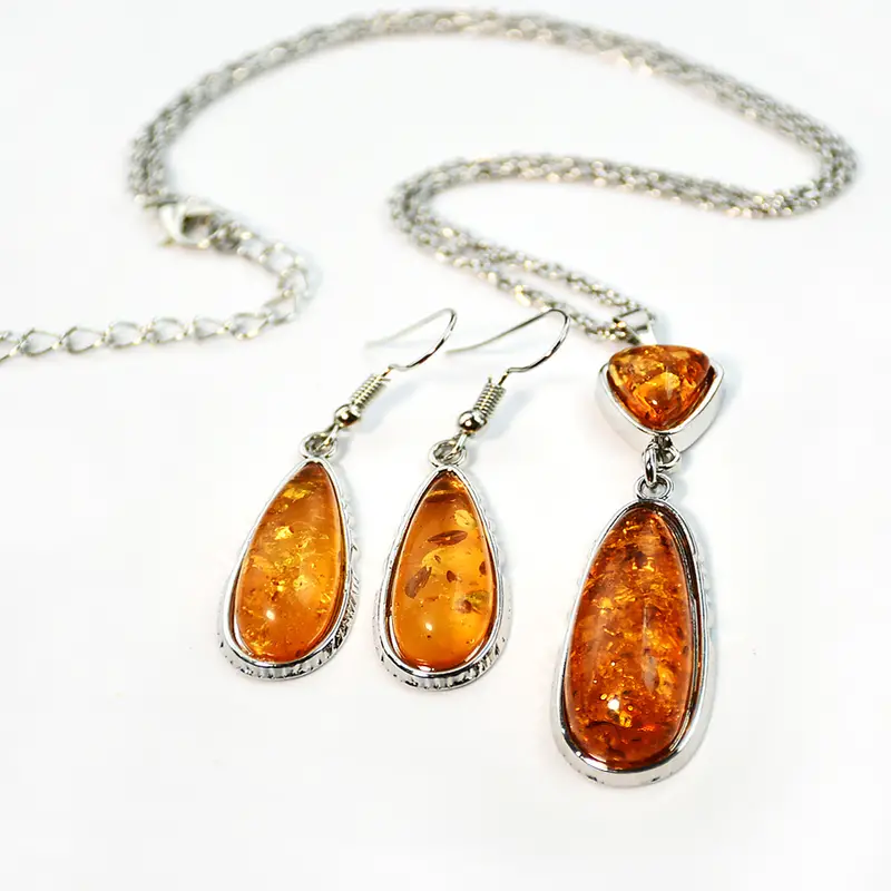 3pcs Earrings Plus Necklace Boho Style Jewelry Set Inlaid Teardrop Shape Amberoid Match Daily Outfits Noble Party Accessories