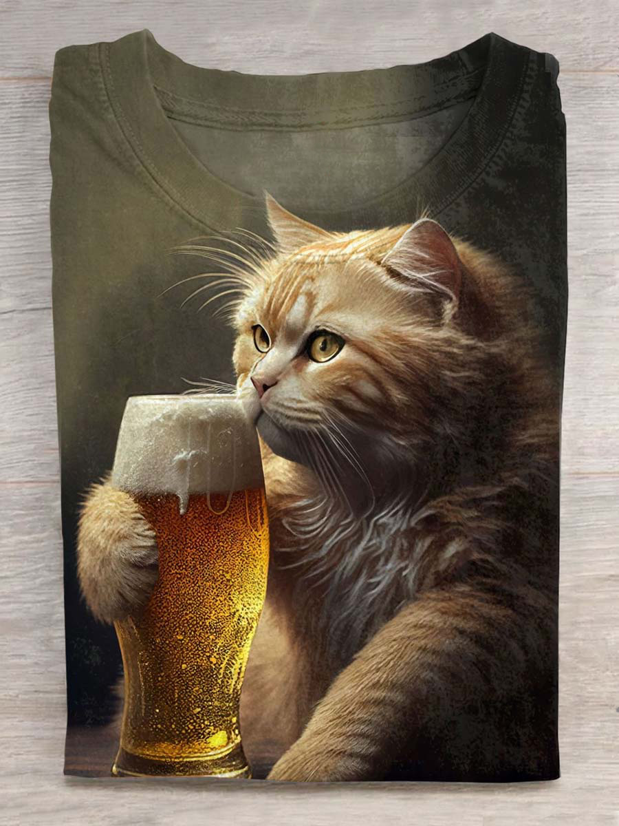 Cute Funny Beer Cat Art Print T-shirt