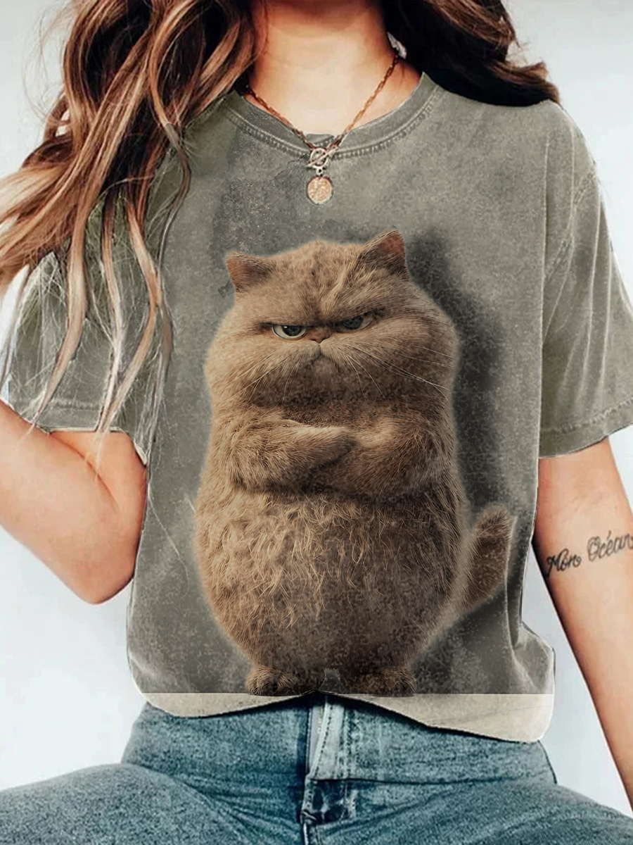 Angry Cute Cat Print Women's Crew Neck T-Shirt