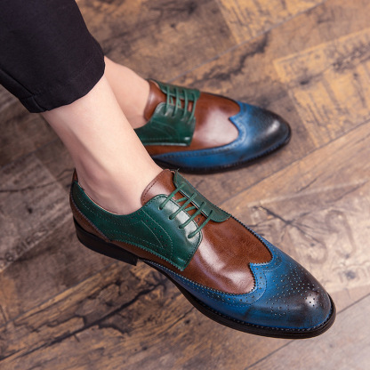 Carved English Style Color Matching Leather Shoes