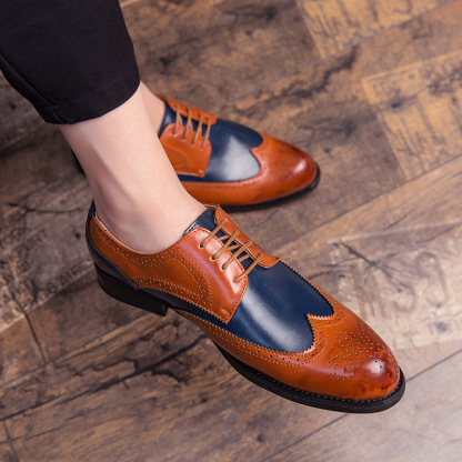 Carved English Style Color Matching Leather Shoes